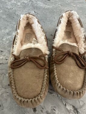 UGG Chestnut Suede Moccasin Slippers with Cream Sheepskin